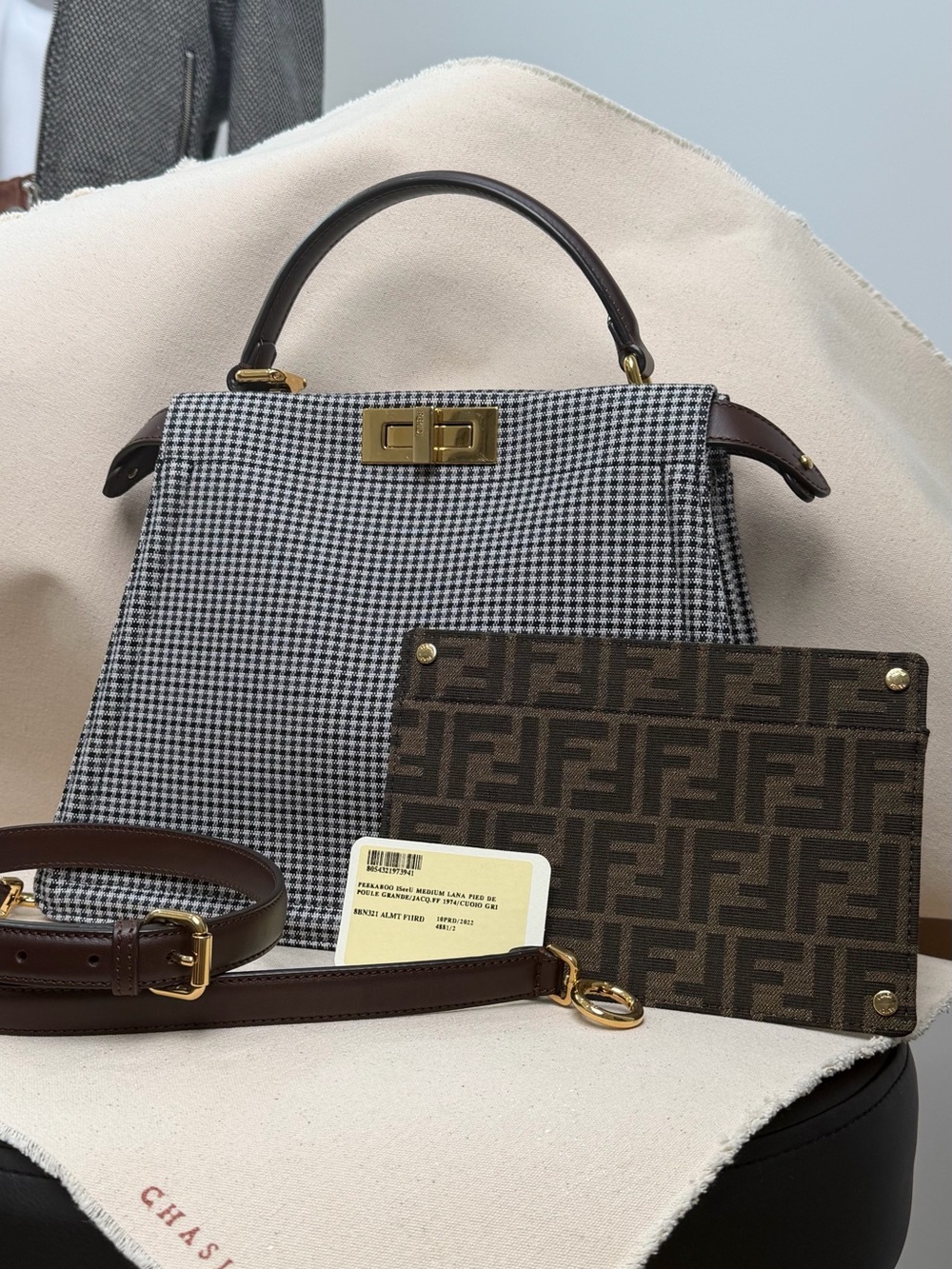 FENDI Peekaboo ISeeU Medium houndstooth Pied de Poule brown leather gold accent